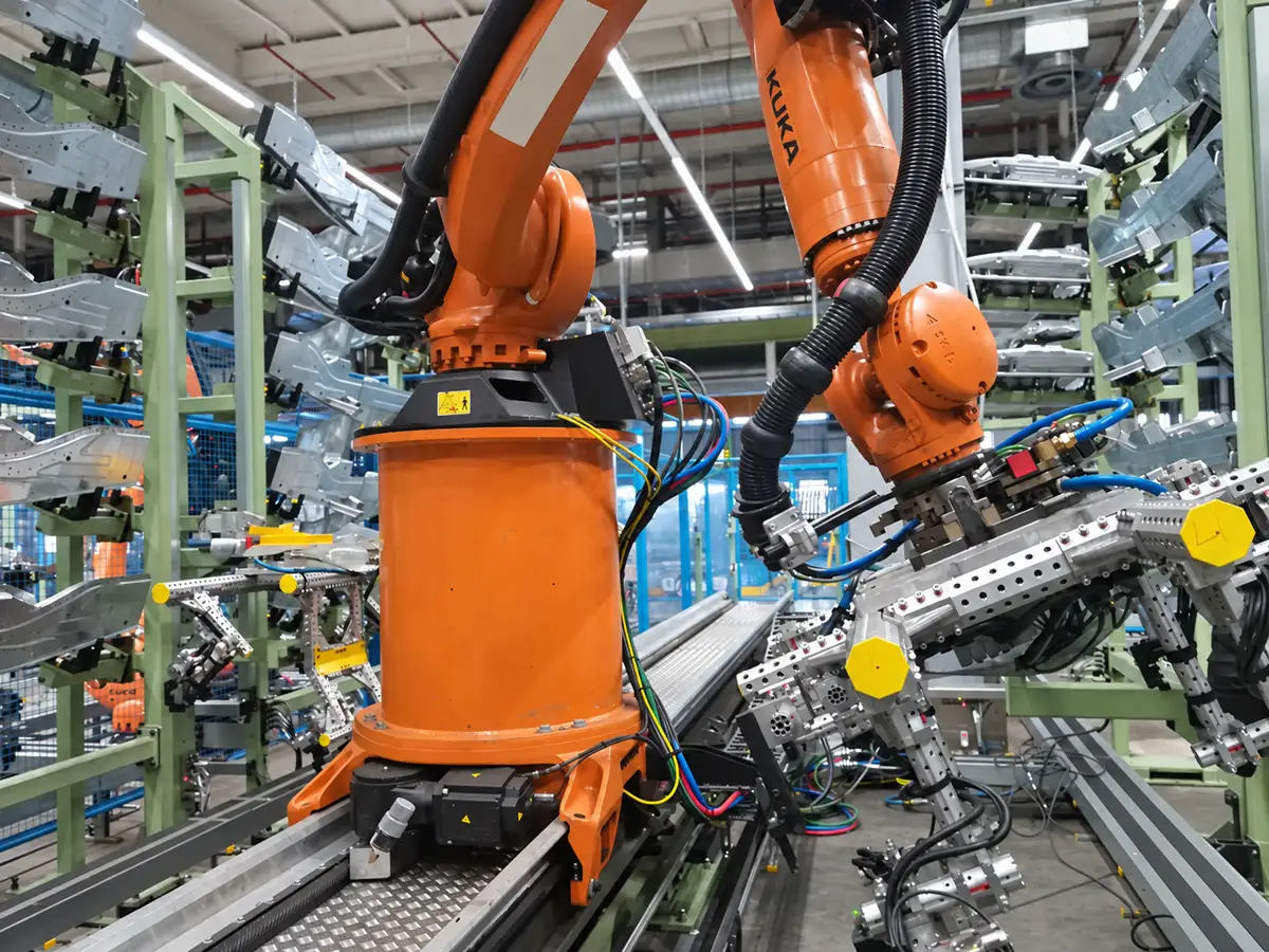 Fotografía retocada con IA de un robot industrial naranja, su brazo, cableado y utillaje en una instalación.