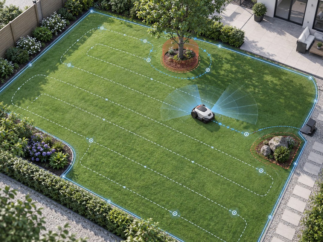 Cortacésped autónomo en un jardín con recorrido de cobertura dibujado y zonas delimitadas alrededor de obstáculos.